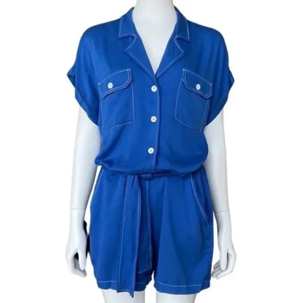 Karina Grimaldi Tencel Button Up Tie Waist Romper Jumpsuit - Blue - Size 4 - Picture 2 of 6